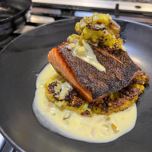 Crispy salmon on grilled cauliflower